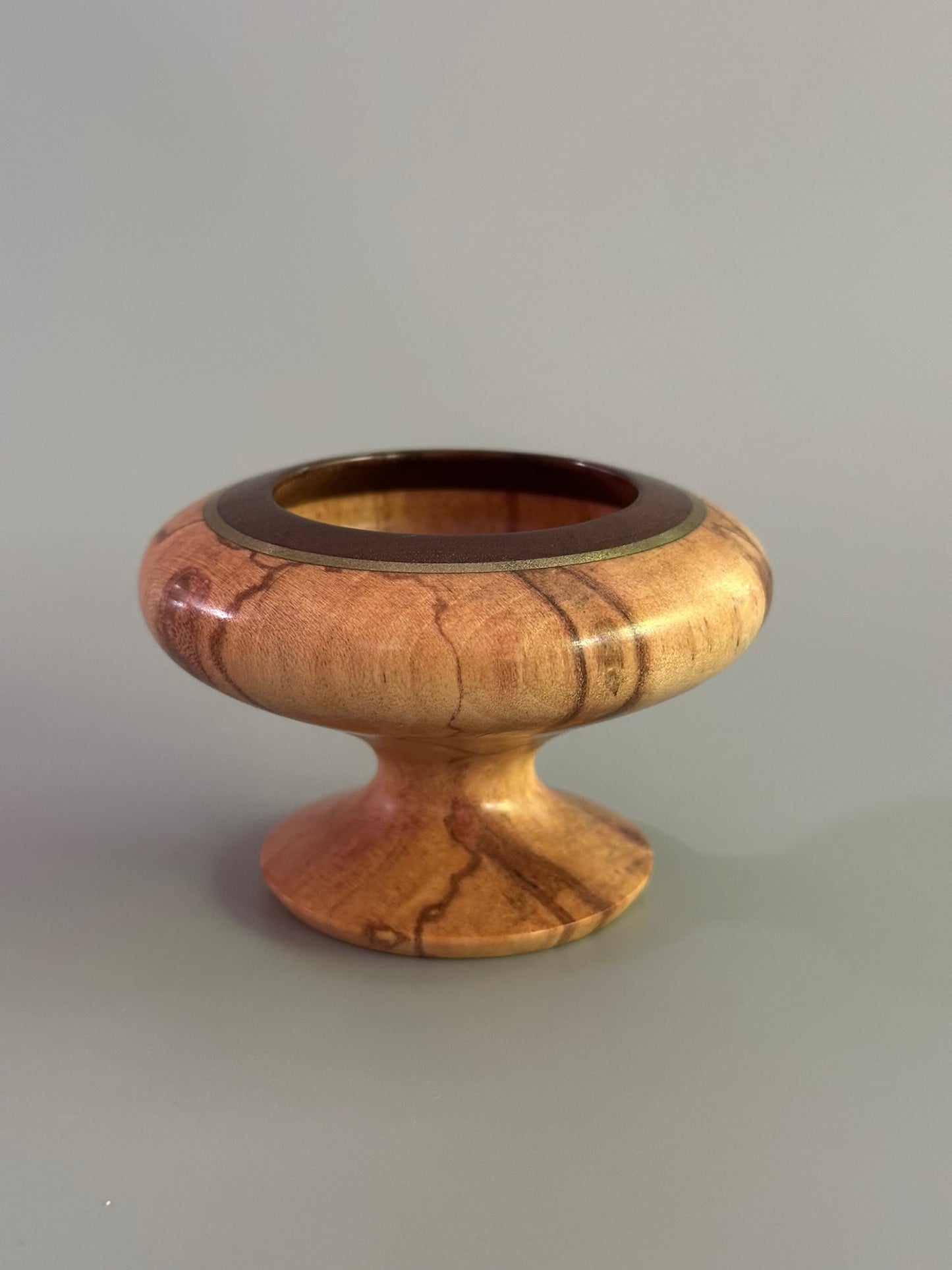 Golden Edge Ring Pedestal Bowl – Hand-Turned Spalted Maple Ring Bowl with Walnut & Brass Rim