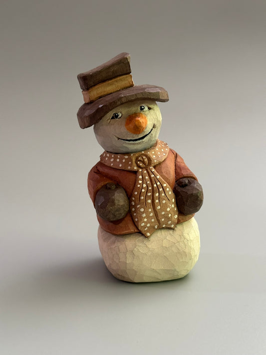 The Dapper Snowman – Handcrafted Wooden Winter Caricature with Earthy Brown Warm Coat