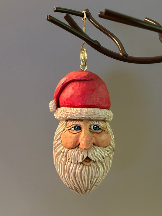 Hand-Carved Santa Ornament with Sparkling Blue Eyes – Whimsical Wooden Christmas Keepsake | Holiday Tree Décor & Collector Gift