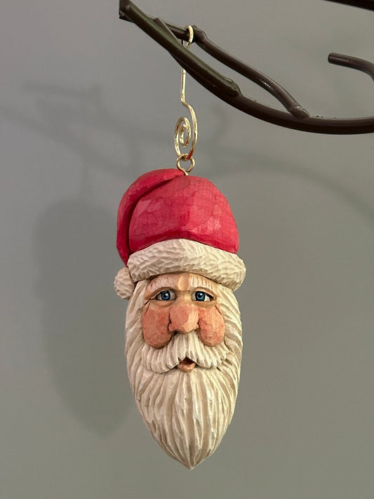 Artisan Carved Santa Ornament – Unique Christmas Keepsake with Blue Eyes