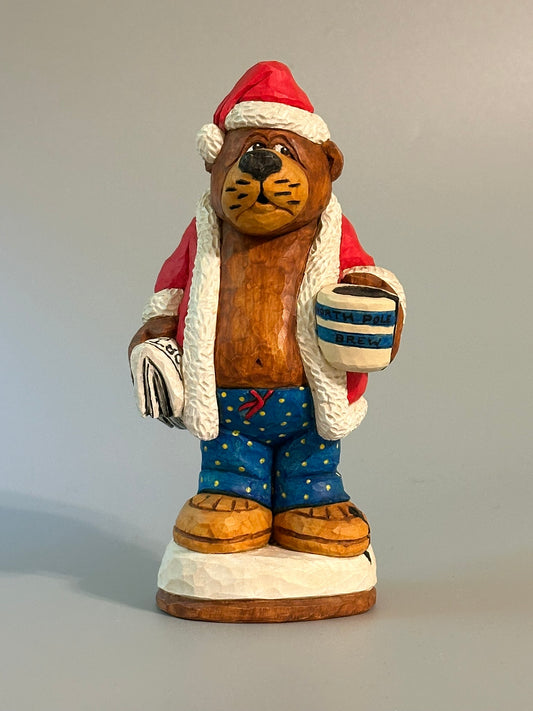 Holiday Hangover Bear — Hand-Carved Christmas Bear